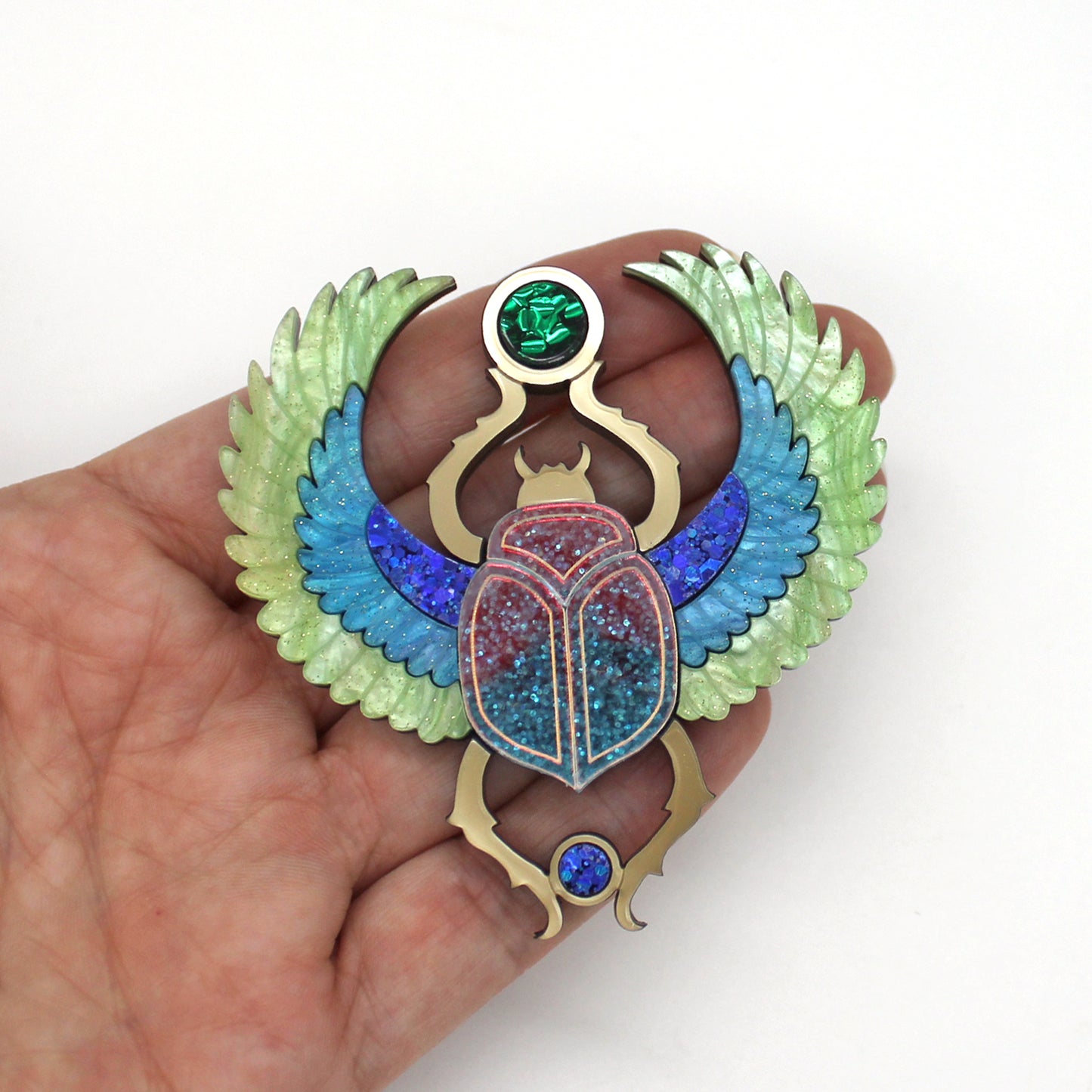 Preorder Winged Scarab Brooch - Green/Blue