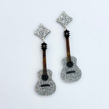 Load image into Gallery viewer, silver glitter acrylic guitar earrings