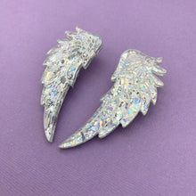 Load image into Gallery viewer, Angel Wing Statement Studs - Silver Chunky Glitter