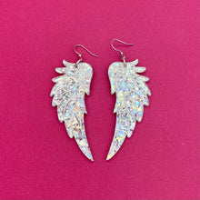 Load image into Gallery viewer, Large Angel Wing Earrings - Silver Chunky Glitter