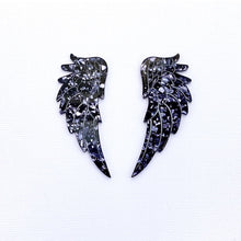 Load image into Gallery viewer, Angel Wing Statement Studs - Charcoal Chunky Glitter