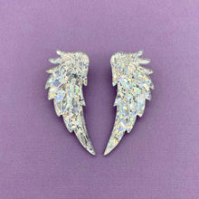 Load image into Gallery viewer, Angel Wing Statement Studs - Silver Chunky Glitter