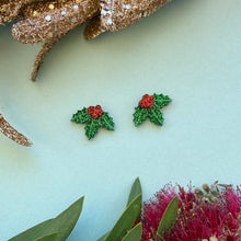Load image into Gallery viewer, Christmas Holly Stud Earrings - Glitter
