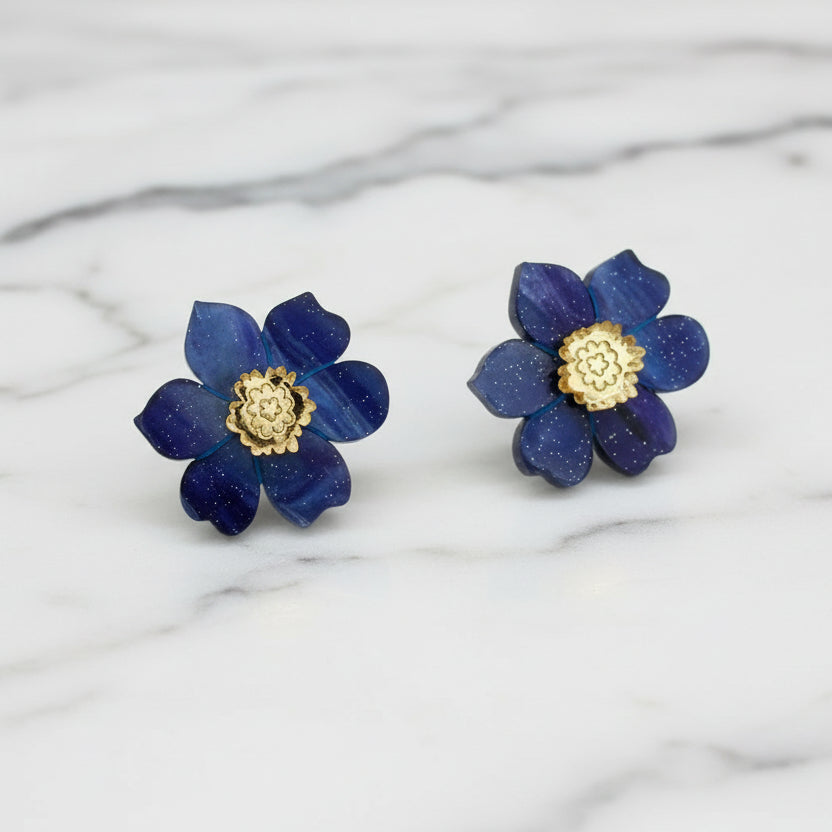 Cherry Blossom Stud Earrings - Midnight Blue