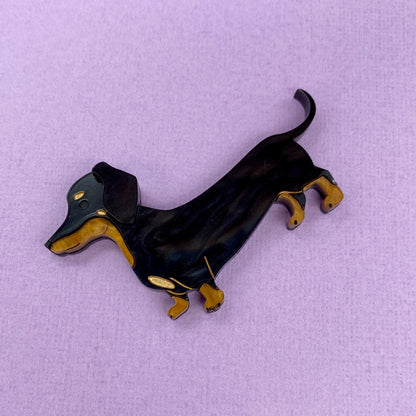 Dennis the Black and Tan Dachshund Brooch