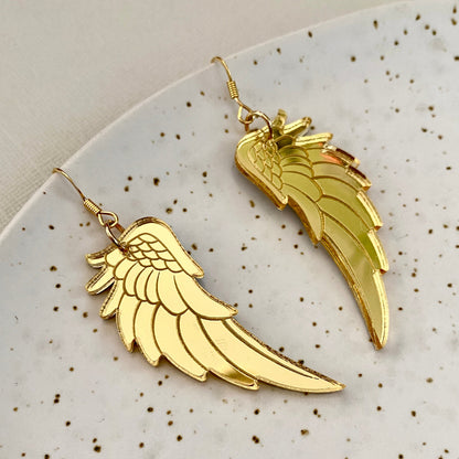 Angel Wing Drop Earrings - Gold Mirror