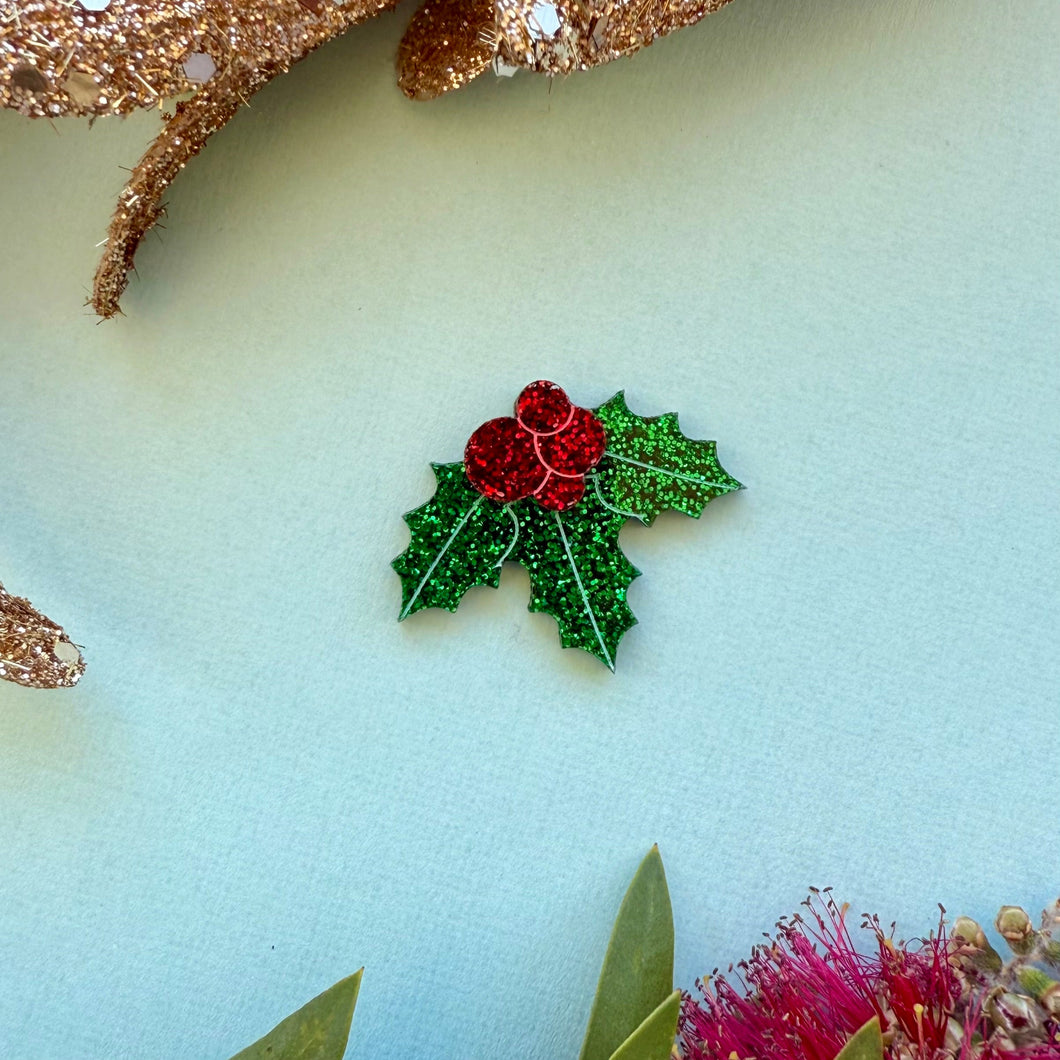 Christmas Holly Mini Brooch - Glitter