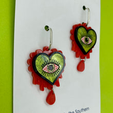 Load image into Gallery viewer, Halloween Evil Eye Heart earrings - Green &amp; Blood Red
