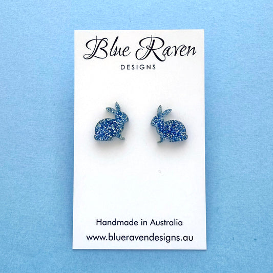 Bunny Rabbit Stud Earrings - Blue Glitter