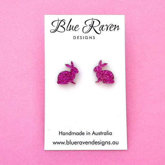 Bunny Rabbit Stud Earrings - Magenta Holo Glitter