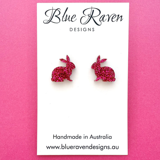 Bunny Rabbit Stud Earrings - Fuchsia Glitter