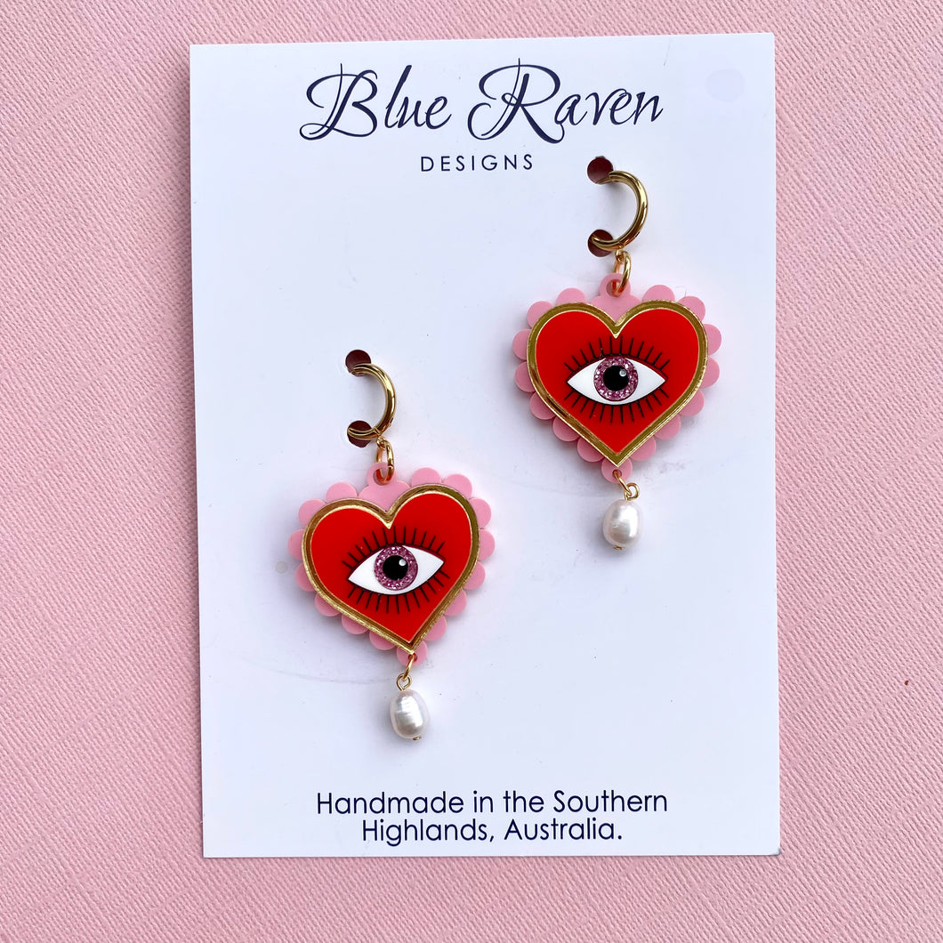 Evil Eye Heart earrings - Pink & Red
