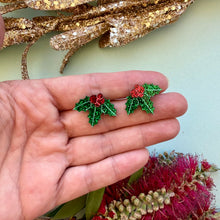 Load image into Gallery viewer, Christmas Holly Stud Earrings - Glitter

