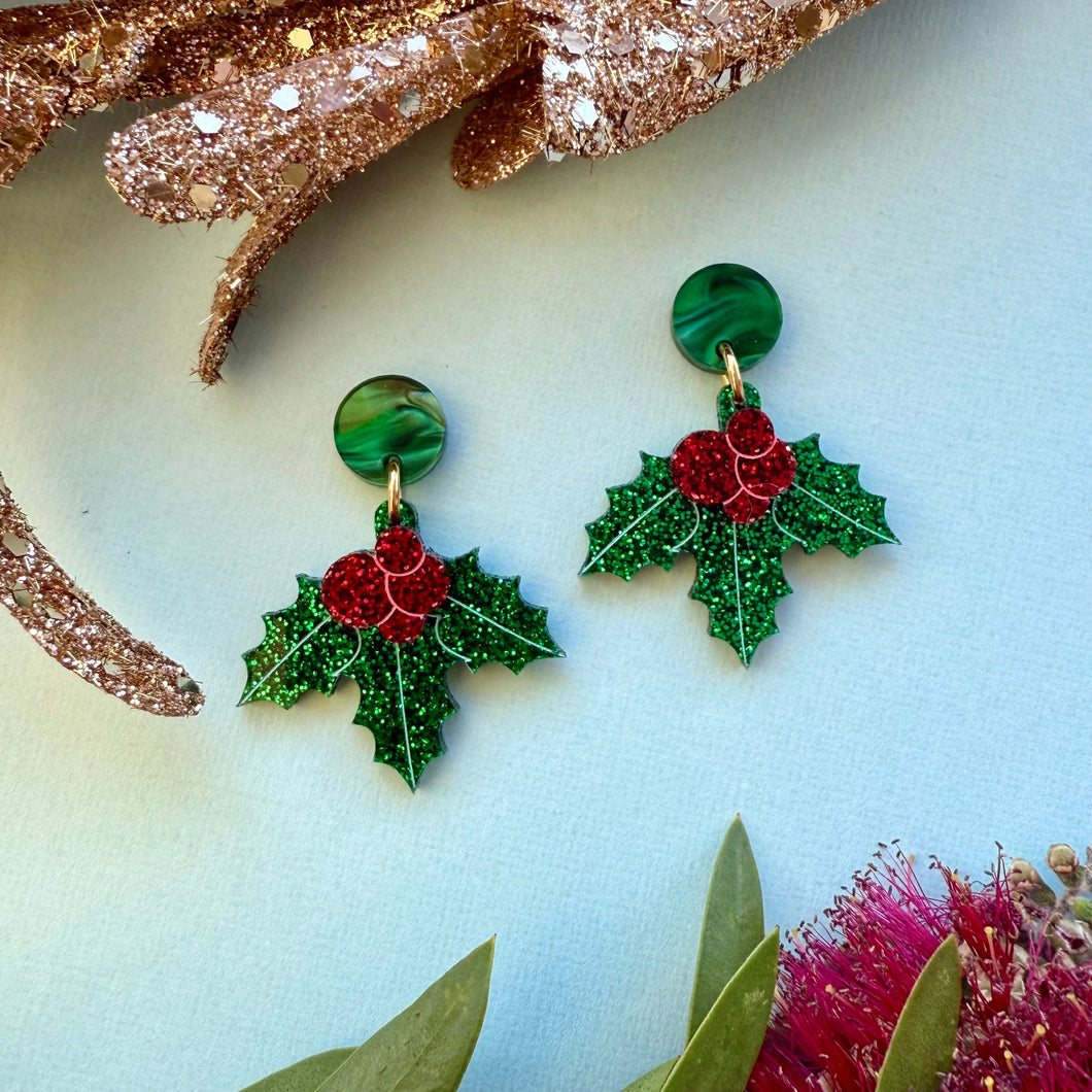Christmas Holly Earrings - Glitter