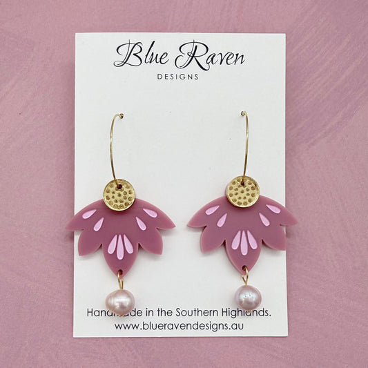 Lotus Pearl Earrings - Dusty Rose (large)