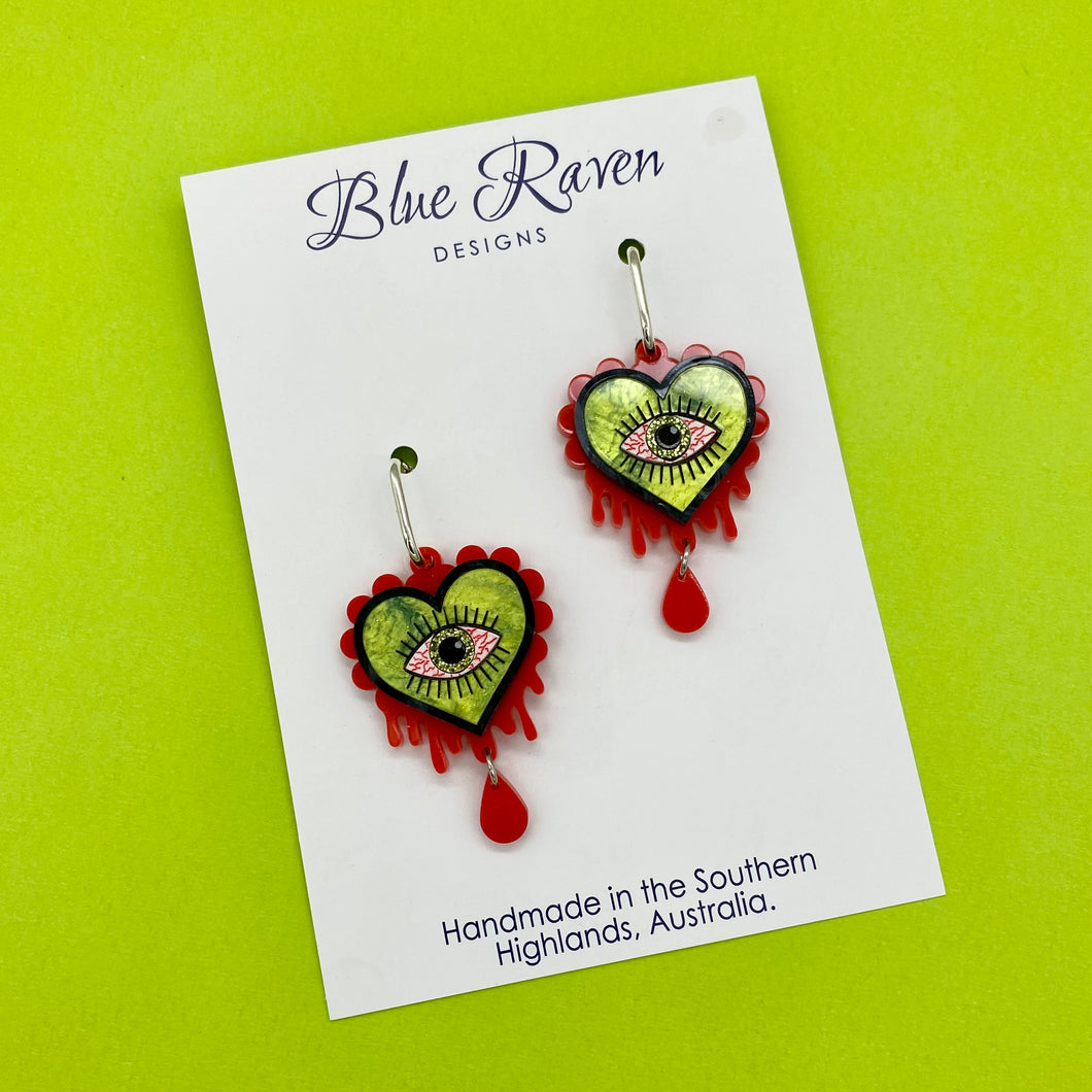Halloween Evil Eye Heart earrings - Green & Blood Red