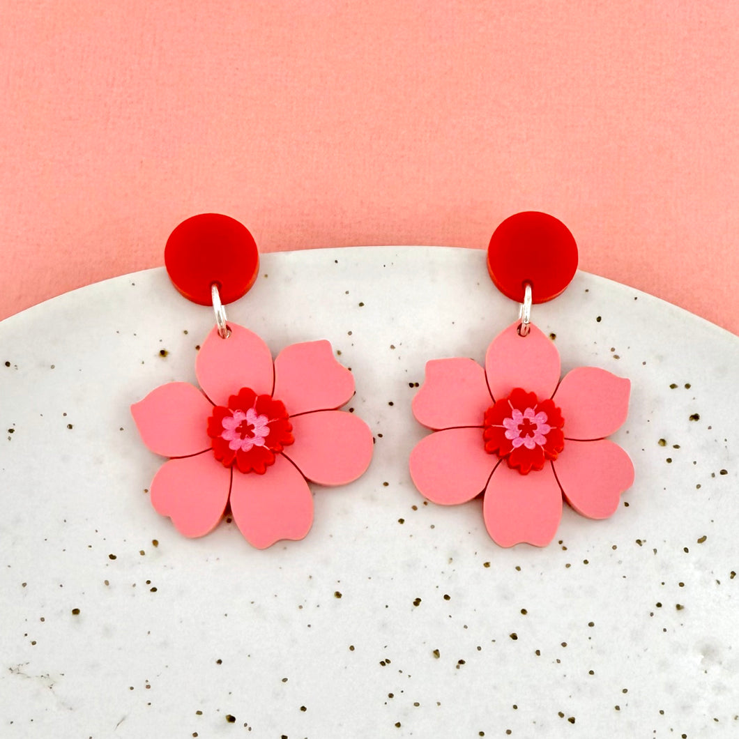 Vintage Flower Earrings - Red
