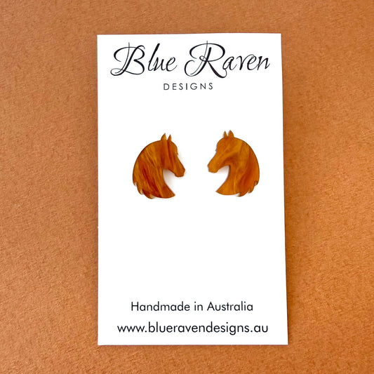 Horse Head Stud Earrings - Caramel Marble