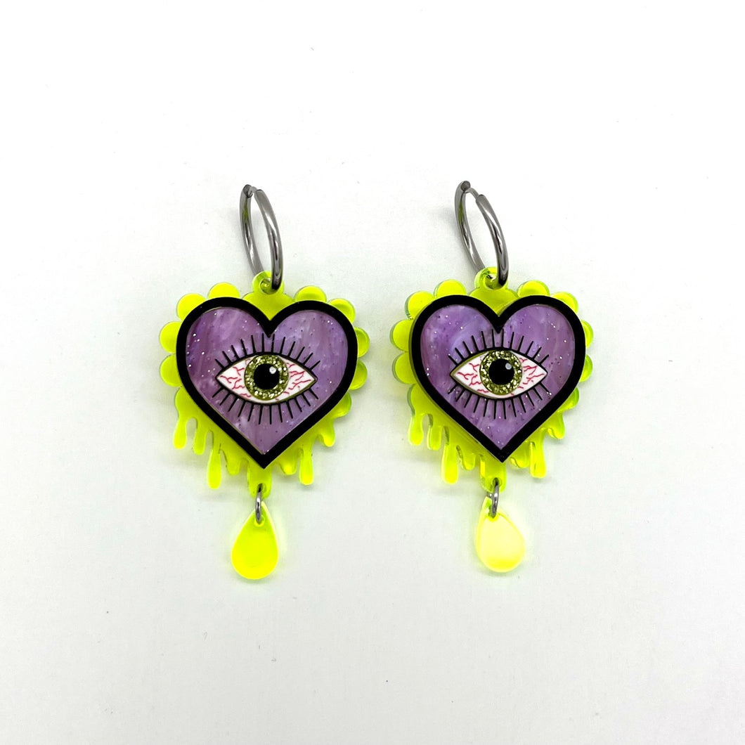 Halloween Evil Eye Heart earrings - Purple & Slime Green