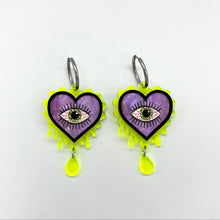 Load image into Gallery viewer, Halloween Evil Eye Heart earrings - Purple &amp; Slime Green
