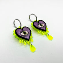 Load image into Gallery viewer, Halloween Evil Eye Heart earrings - Purple &amp; Slime Green
