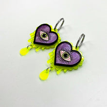 Load image into Gallery viewer, Halloween Evil Eye Heart earrings - Purple &amp; Slime Green
