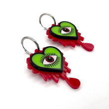 Load image into Gallery viewer, Halloween Evil Eye Heart earrings - Green &amp; Blood Red
