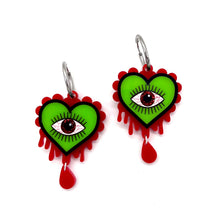 Load image into Gallery viewer, Halloween Evil Eye Heart earrings - Green &amp; Blood Red

