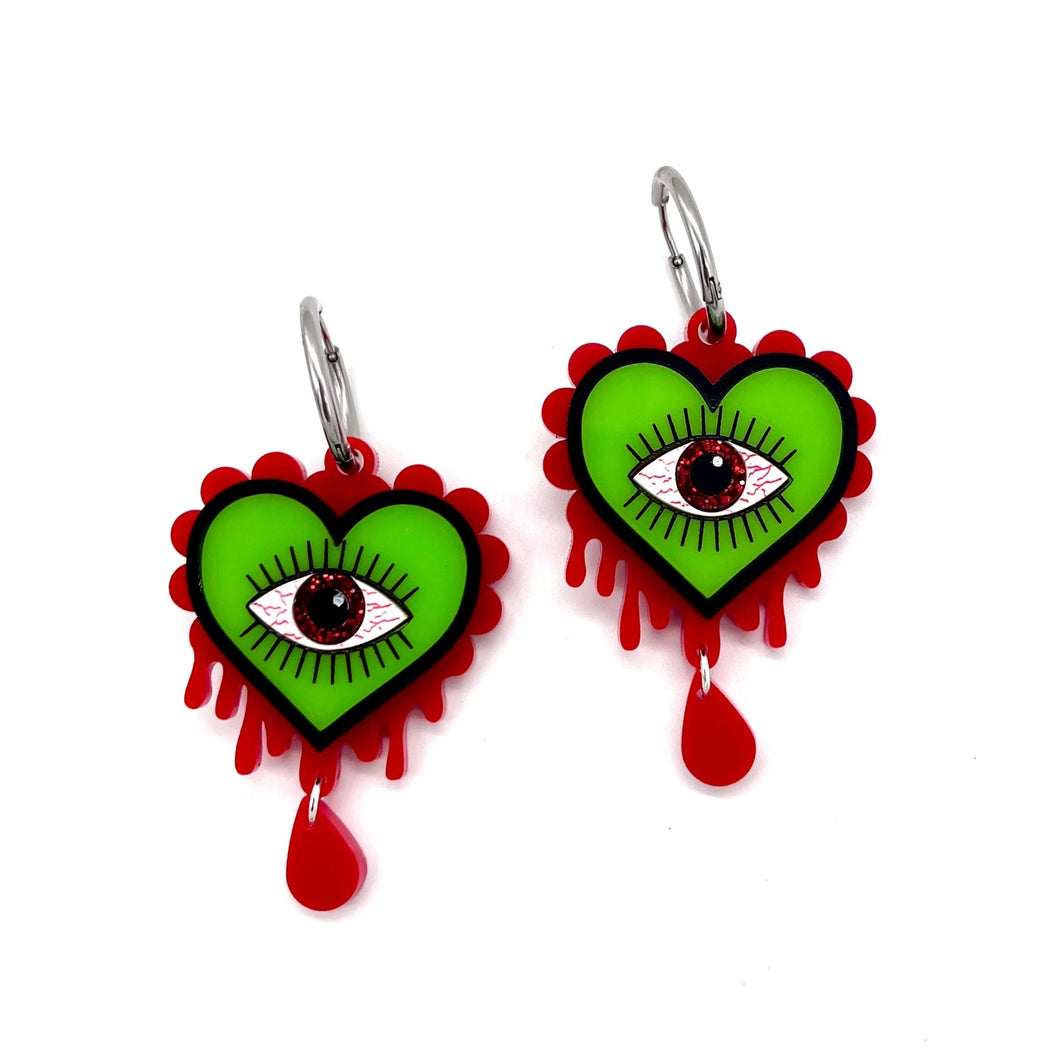 Halloween Evil Eye Heart earrings - Green & Blood Red