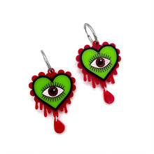 Load image into Gallery viewer, Halloween Evil Eye Heart earrings - Green &amp; Blood Red

