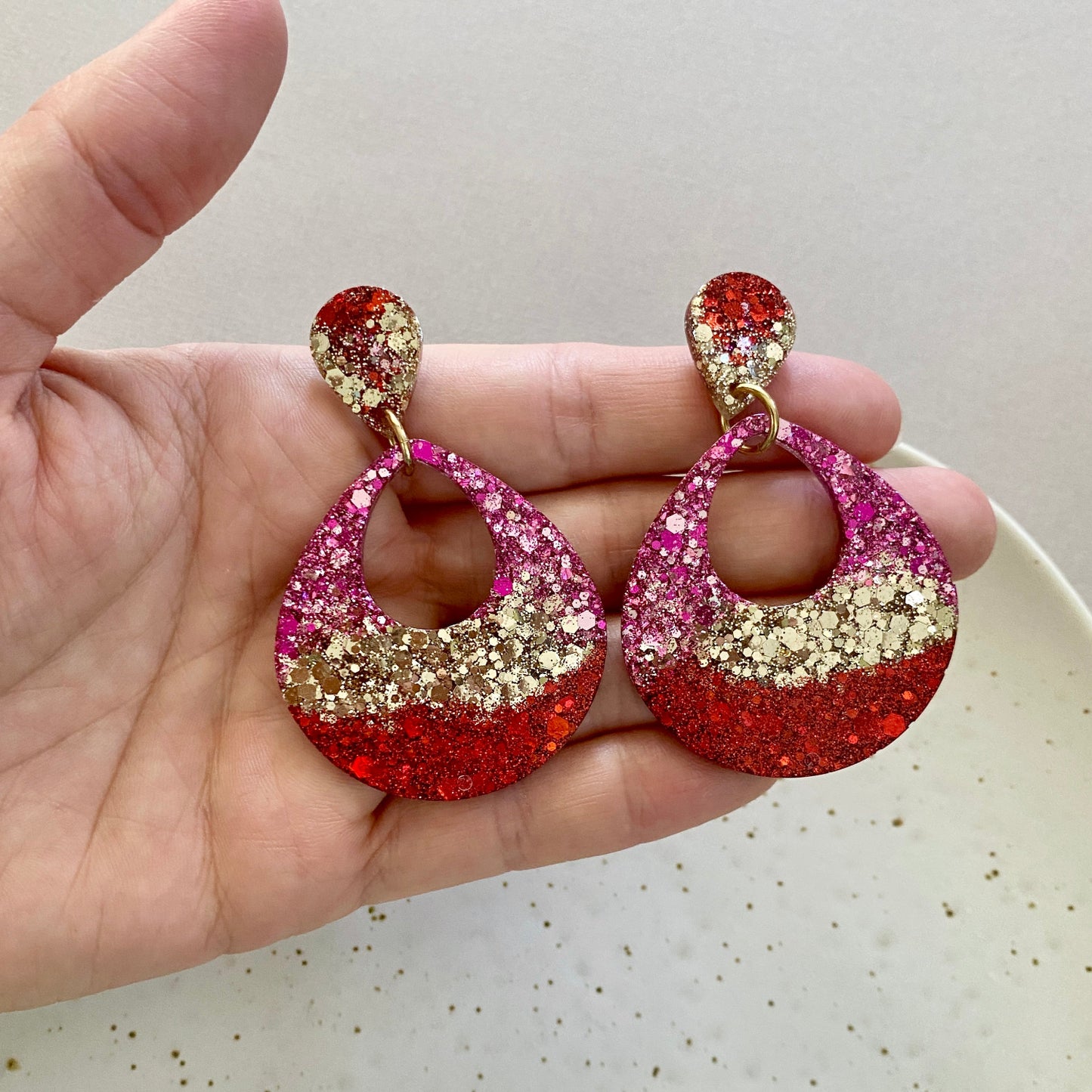 Resin Teardrop Earrings - Pink/Red