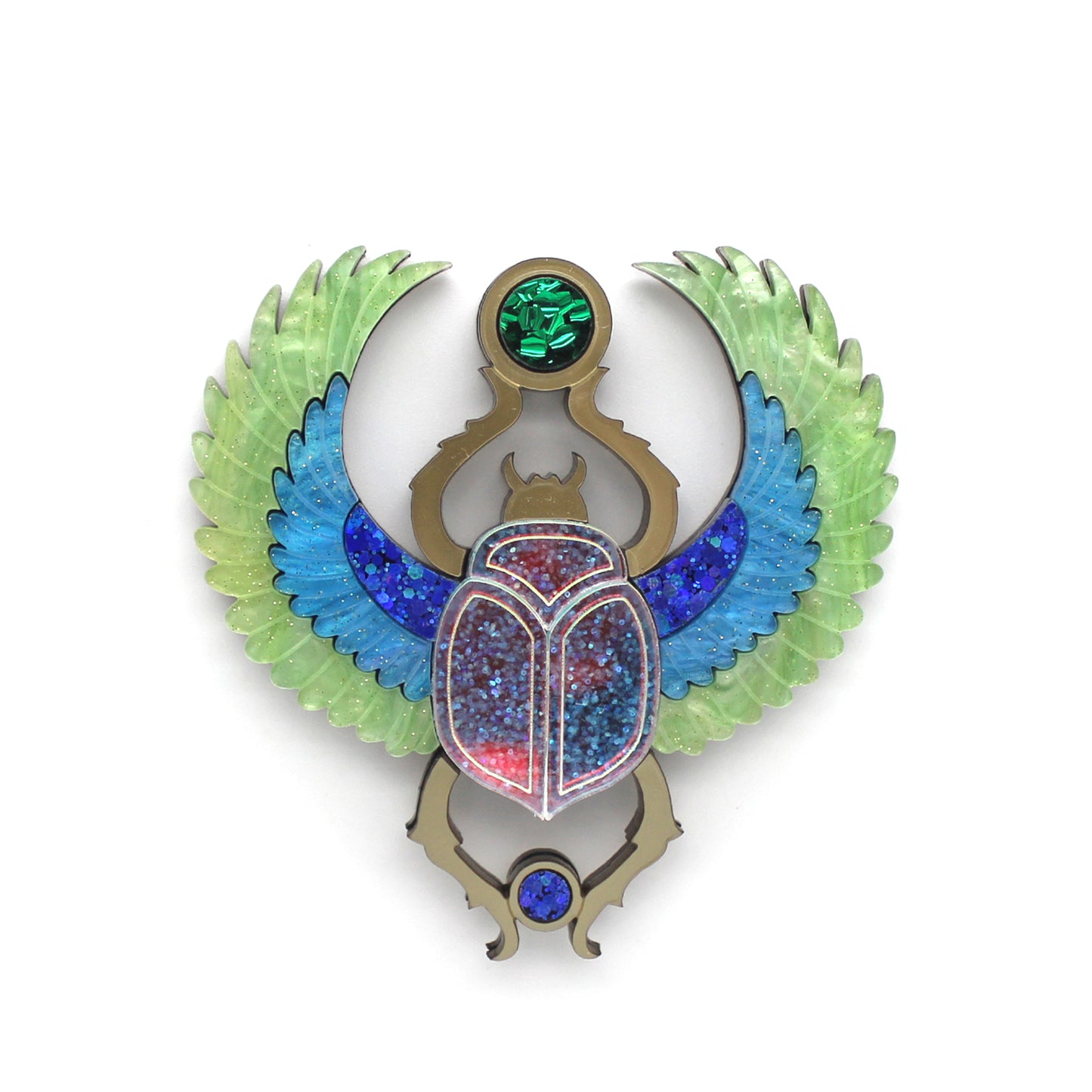 Preorder Winged Scarab Brooch - Green/Blue