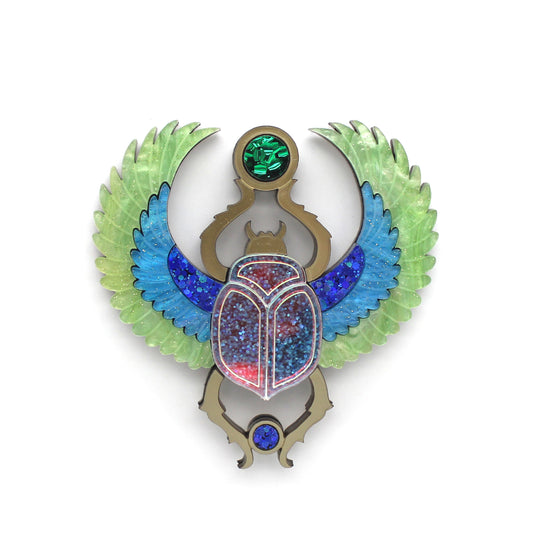 Preorder Winged Scarab Brooch - Green/Blue