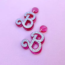 Load image into Gallery viewer, Barbie Heart &#39;B&#39; earrings - Pink &amp; Silver glitter
