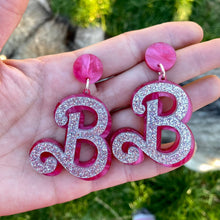 Load image into Gallery viewer, Barbie Heart &#39;B&#39; earrings - Pink &amp; Silver glitter
