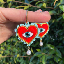 Load image into Gallery viewer, Evil Eye Heart earrings - Red &amp; Turquoise
