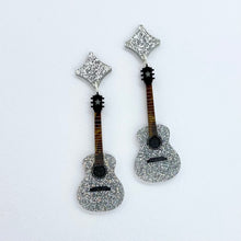 Load image into Gallery viewer, silver glitter acrylic guitar earrings
