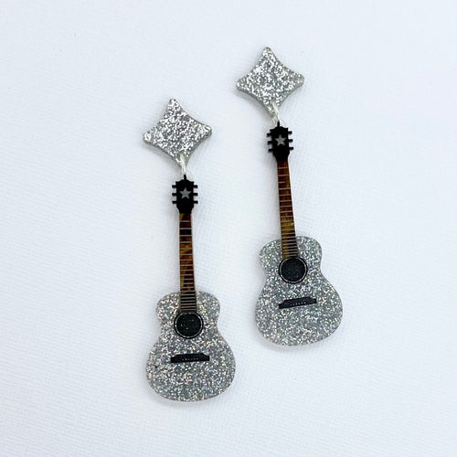 silver glitter acrylic guitar earrings