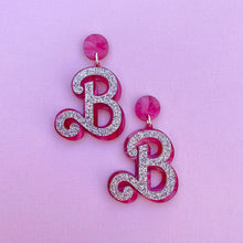 Load image into Gallery viewer, Barbie Heart &#39;B&#39; earrings - Pink &amp; Silver glitter
