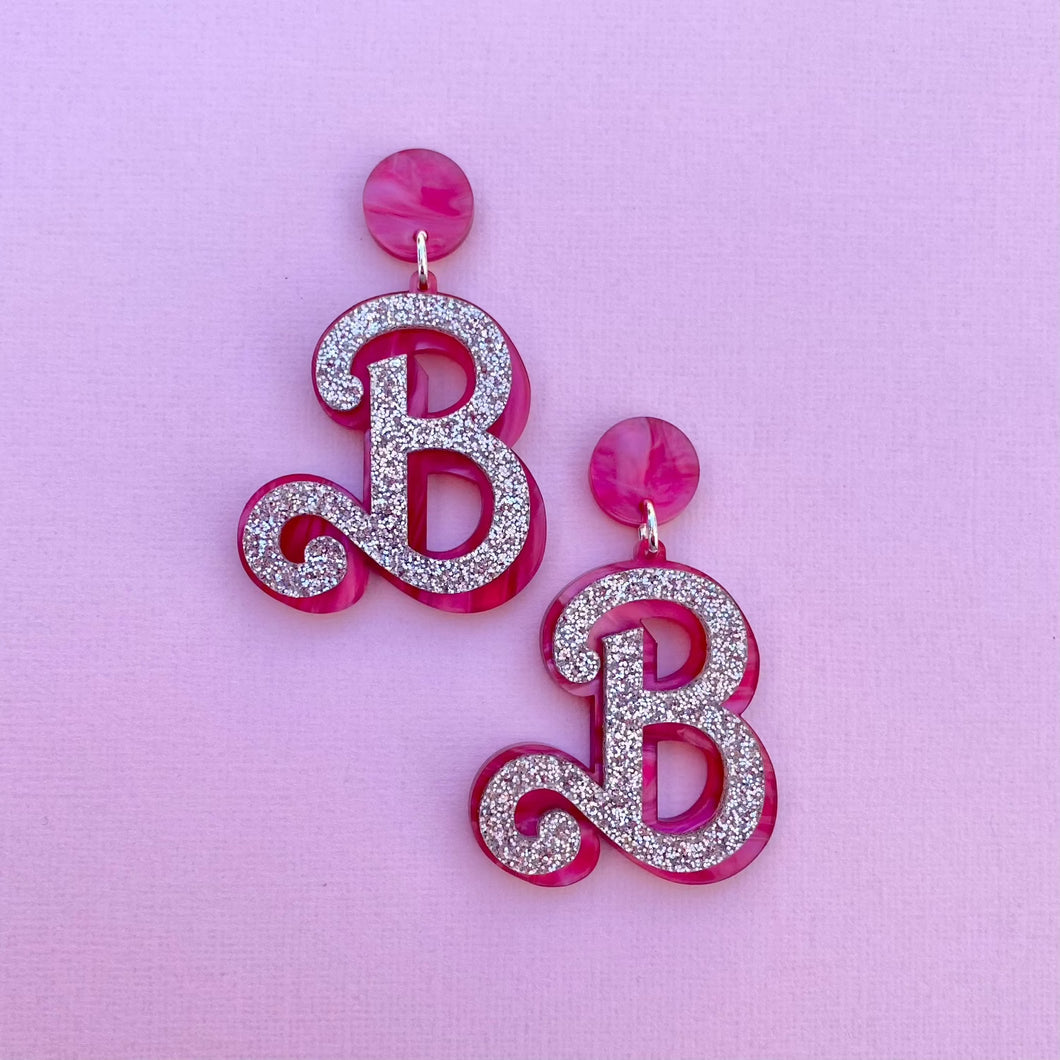 Barbie Heart 'B' earrings - Pink & Silver glitter