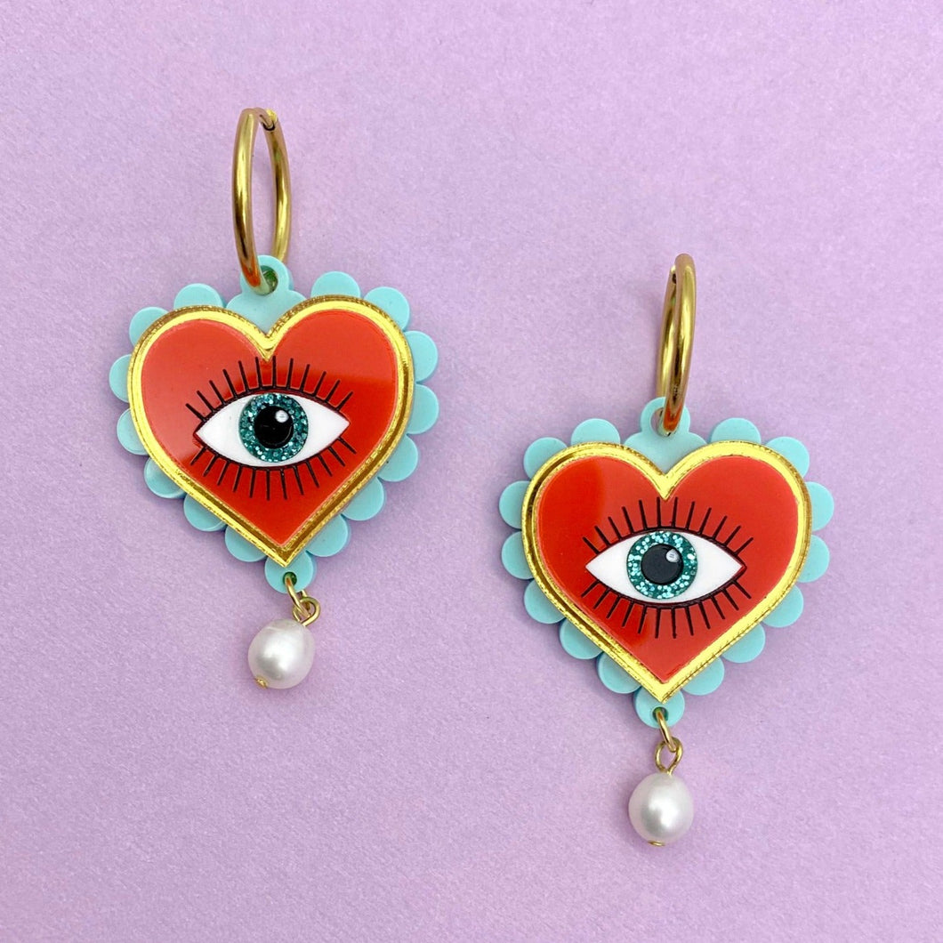 Evil Eye Heart earrings - Red & Turquoise