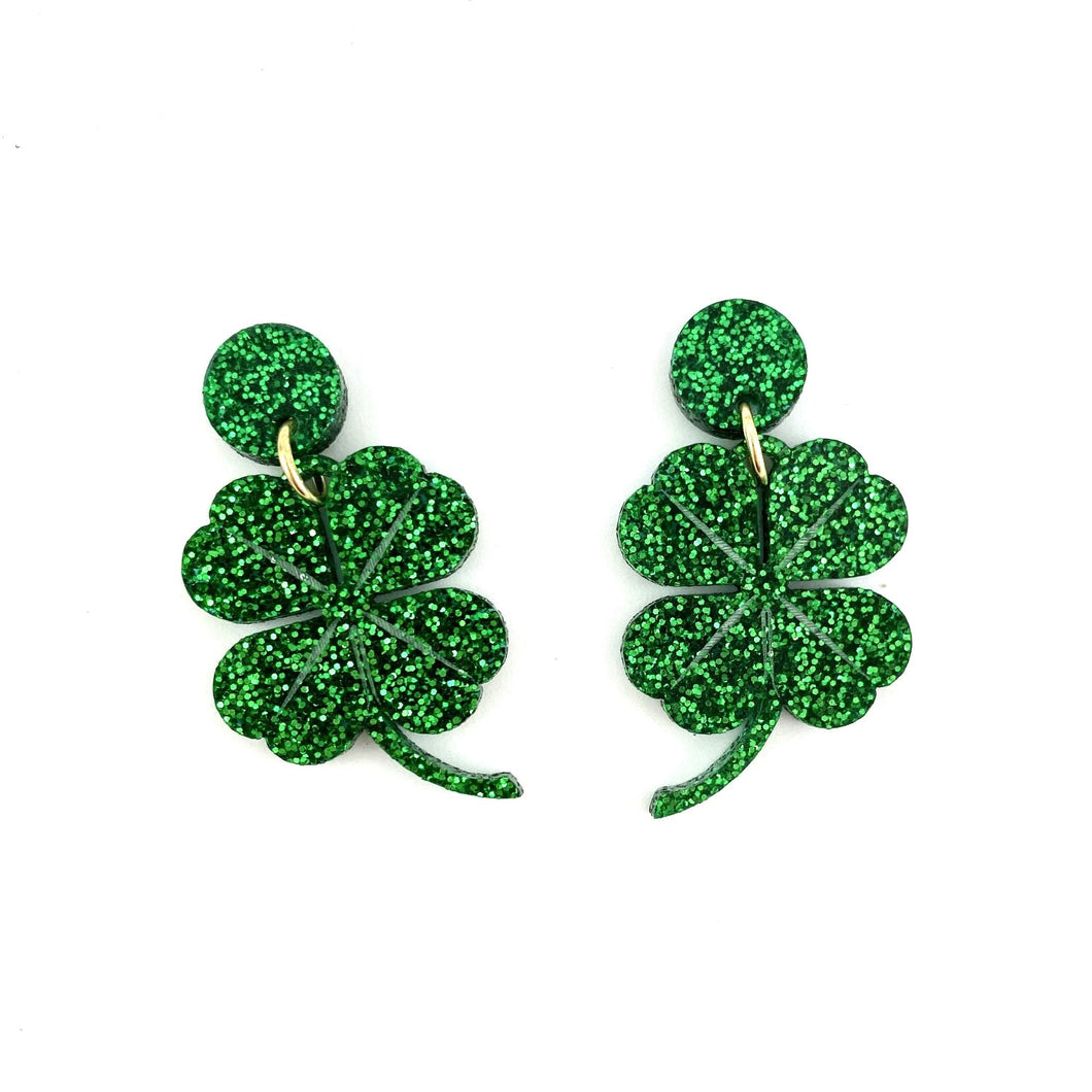 Four Leaf Clover drop earrings - dark green glitter