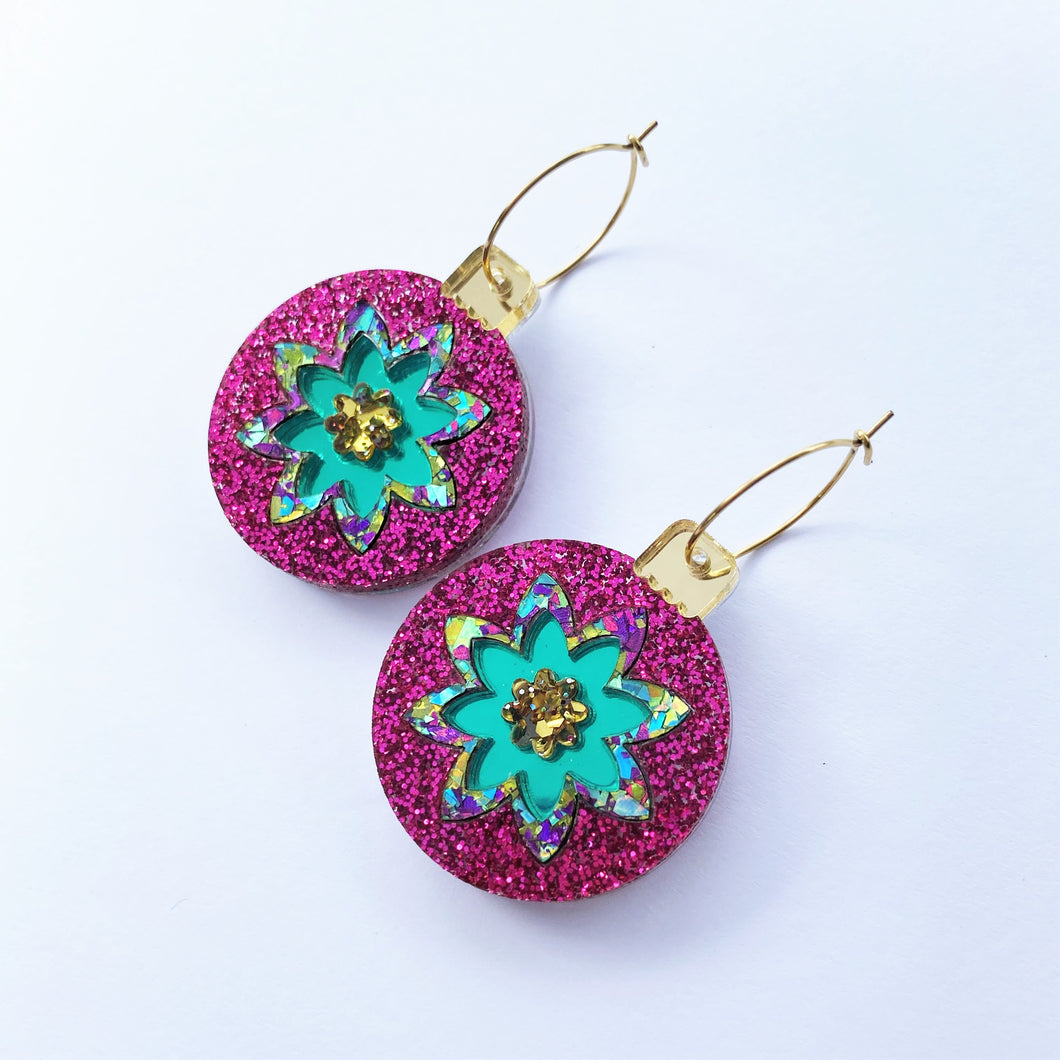 Glitter Bauble earrings - Fuchsia/Green