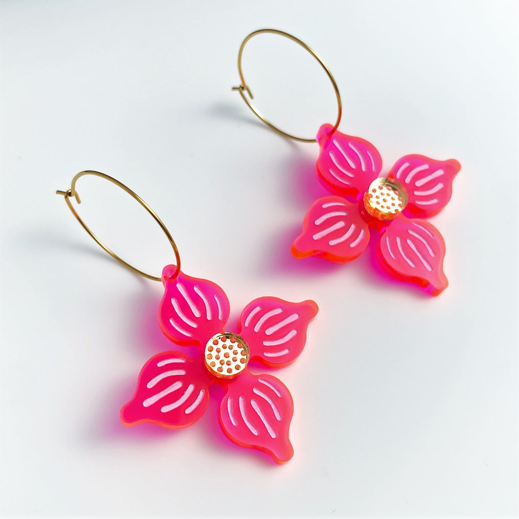 Flower Hoop earrings - Neon Pink