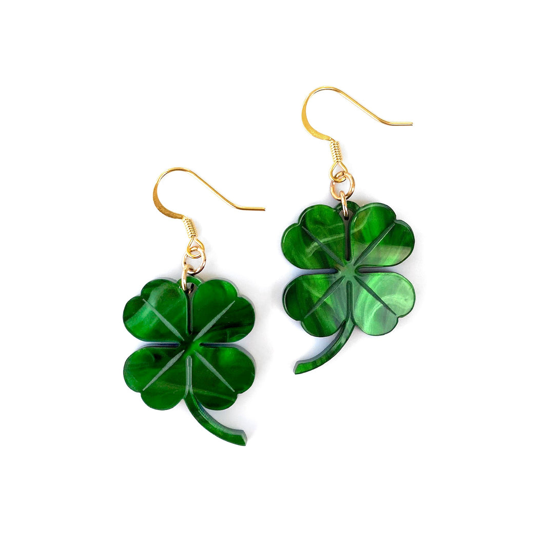 Four Leaf Clover drop earrings - Green Marble