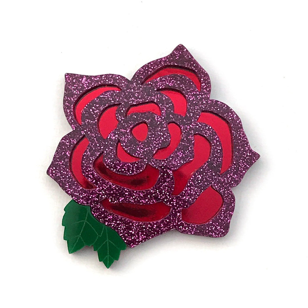 Rose brooch -  Magenta glitter & Red mirror