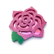 Load image into Gallery viewer, Dark pink glitter rose brooch

