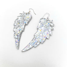 Load image into Gallery viewer, Large Angel Wing Earrings - Silver Chunky Glitter
