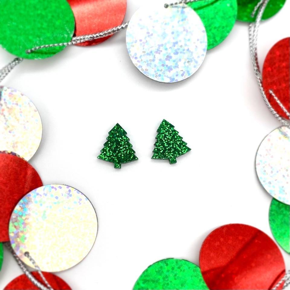 Green Tree Glitter stud earrings