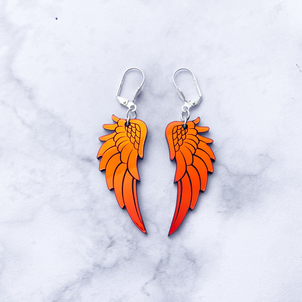 Angel Wing Drop Earrings - Black Iridescent